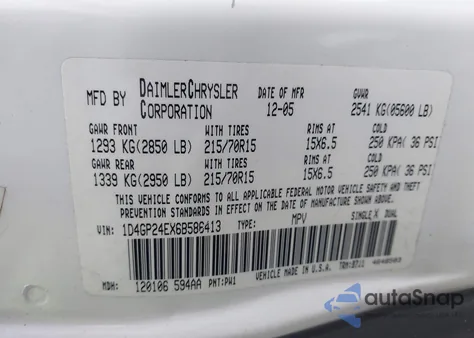 2006 Dodge Grand Caravan Se z USA, uszkodzony, nr VIN 1D4GP24EX6B586413